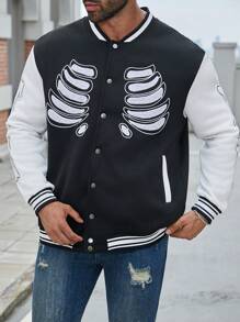 Manfinity LEGND Men's Casual Striped Print Baseball Collar Long Sleeve Bomber Jacket, Campus Style