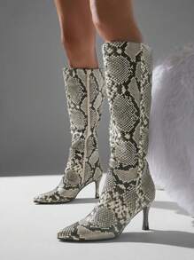 SHUZIA 女士鞋及膝靴 细跟尖头蛇纹 PU 米色及膝靴 - 彩色 - 查看 3