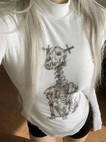 女士休闲圆领长袖骷髅印花T恤，春夏 - 白色 - 查看 5