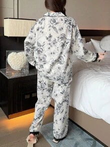 2pcs/Set Lace Trim Contrast Color Long Sleeve Top & Pants Pajama Set, Two Pieces Set, Fall Clothes