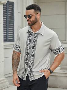 Manfinity Homme Plus Size Men's Single-Breasted Summer Casual Short Sleeve Shirt, Going Out