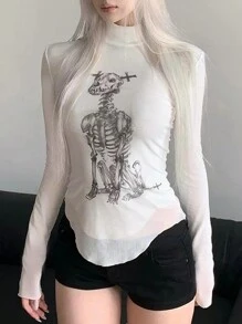 女士休闲圆领长袖骷髅印花T恤，春夏 - 白色 - 查看 3
