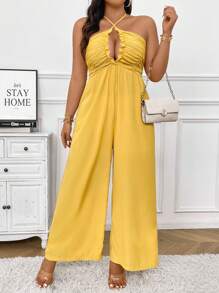 SHEIN Clasi Plus Size Women's Solid Color Wide-Leg Jumpsuit With Hollow Out Cross Halter Neckline Design - Yellow - View 6