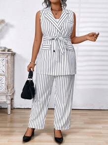 大码条纹印花裹腰系带无袖西装外套和裤子夏季优雅套装 - 黑與白 - 查看 5