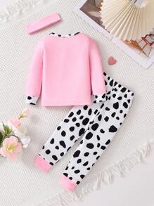 Set di abbigliamento confortevole per bambina composto da 3 pezzi: maglietta a maniche lunghe con stampe mucca e cuori, leggings e fascia per capelli