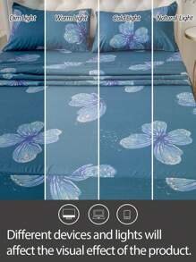 4件套100%涤纶蝴蝶印花床上用品套装（2个枕套+1个床单+1个床笠），现代涤纶床上用品套装，四季皆宜