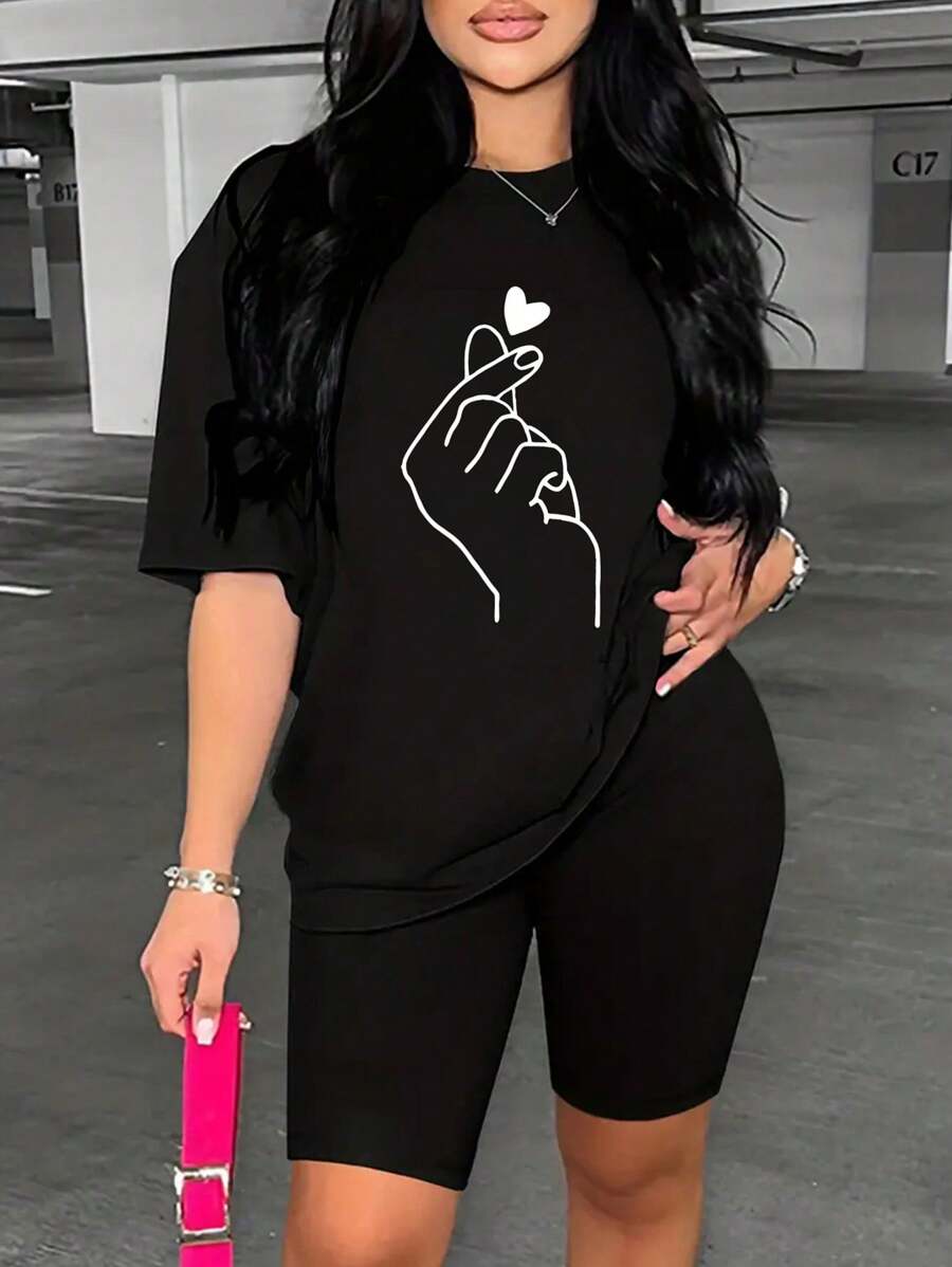 2pcs Summer New Design Finger Heart Print T-Shirt And Shorts Set For Women Casual Black - Black - View 1