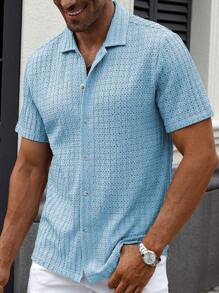 Manfinity Homme Men's Single-Breasted Casual Short Sleeve Shirt (Printed Asymmetric Patterns), Summer - Mint Blue - View 3