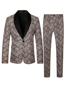 Manfinity AFTRDRK 男士西装套装：印花披肩领长袖西装外套和时尚商务裤燕尾服套装 - 咖啡棕 - 查看 3