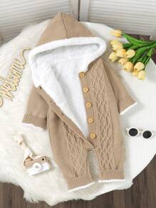 SHEIN Vintaside Kids 男婴卡其色连身衣，带连帽衫和保暖衬里，温暖舒适，适合户外活动 - 卡其色 - 查看 4