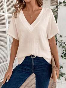 SHEIN LUNE Áo thun ngắn tay cổ chữ V màu trơn cho mùa hè - Màu be - Xem 6