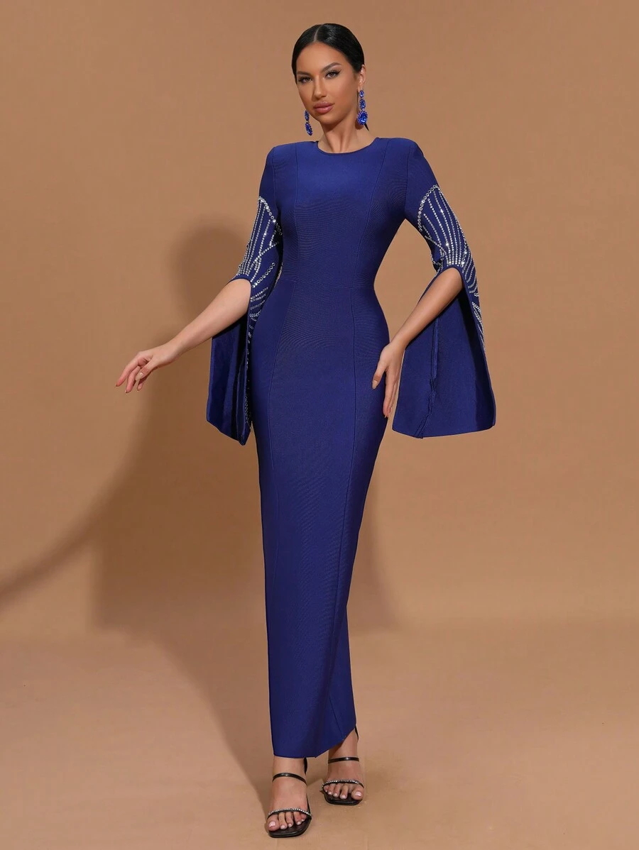 Modphy New Sexy Diamond Embellished Maxi Bandage Dress, Fashion Bodycon Evening Gown, Elegant For Wedding, Birthday Party, Formal Dinner, Eid Al-Fitr - Blue - View 1