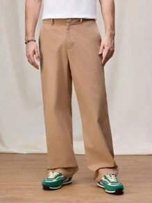 Manfinity Roghcode Pantalones rectos informales de unicolor con bolsillos para hombres - Caqui - Ver 4