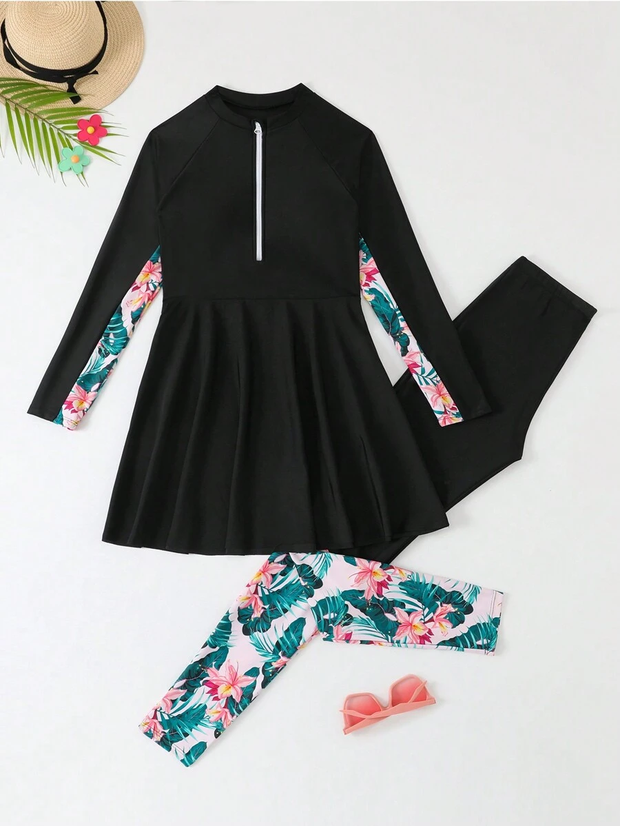 SHEIN 少女印花拼布前拉链比基尼上衣和泳裤套装 - 黑色 - 查看 1