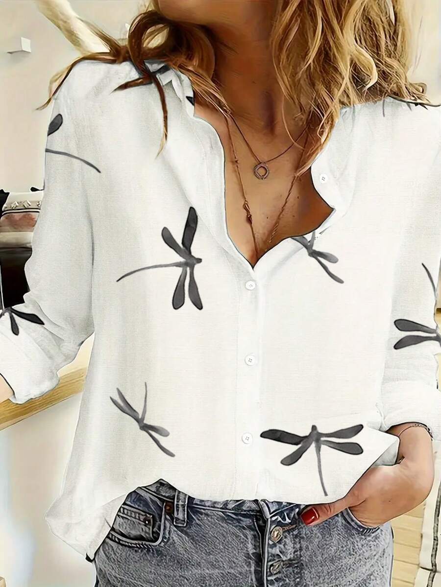 時尚休閒女式印花長袖襯衫，適用於日常穿著