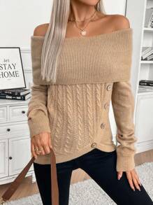 Chiquease Women's Oversized Collar Off Shoulder Button-Up Split Knit Sweater