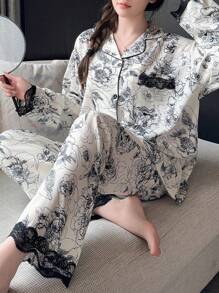 2pcs/Set Lace Trim Contrast Color Long Sleeve Top & Pants Pajama Set, Two Pieces Set, Fall Clothes