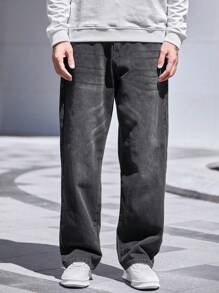 Manfinity Homme Quần Jeans Ống Đứng Thường Ngày Cỡ Lớn Cho Nam, Thoải Mái Và Hợp Thời Trang Đường Phố, Quần Jeans Cargo Dài Màu Xám Đậm, Dành Cho Chồng, Quà Tặng Bạn Trai - Màu xám đen - Xem 5