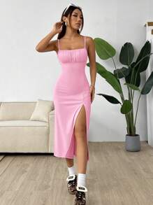SHEIN EZwear Rochie de damă cu bretele spaghete, fără spate, cu fante înalte - Roz - Vizualizare 6
