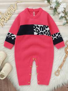 1pc Fashion Fuchsia Baby Girl Leopard Intarsia Knitted Romper, Long Sleeve Crew Neck All-In-One Outfit With Drop Seat For Easy Dressing - Hot Pink - View 3