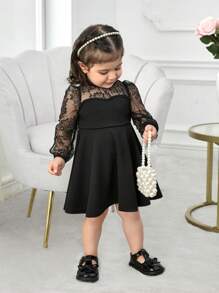 Baby Girl Mommy And Me Matching Outfits, Cute & Elegant Knit Contrast Lace Mesh Long Sleeve Black Dress, Separate (2pcs)