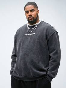 Manfinity VCAY Plus Size Men's Casual Embroidered Letter Thick-Sole Loose Drop Shoulder Crew Neck Sweatshirt, For Spring And Fall, Winter - Black - View 1