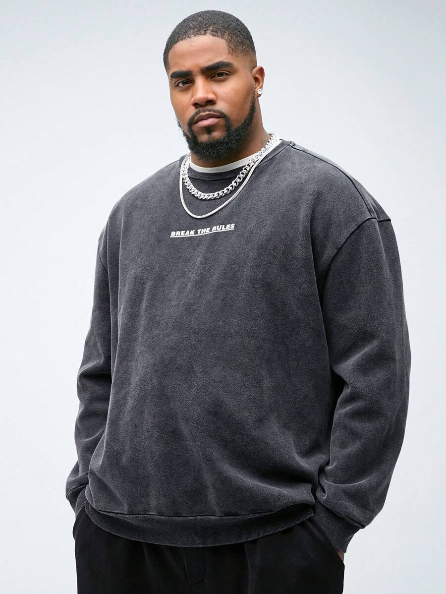 Manfinity VCAY Plus Size Men's Casual Embroidered Letter Thick-Sole Loose Drop Shoulder Crew Neck Sweatshirt, For Spring And Fall, Winter - Black - View 1