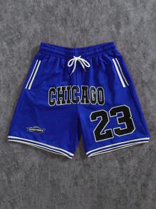 Manfinity Campus Court Men's Simple Printed Casual Shorts For Daily Wear, Chicago Shorts, Blue Basketball Shorts, Men's Basketball Short - Blue - View 1