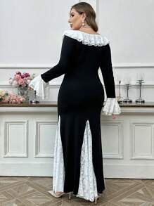Modelyn Plus Size Solid Color Patchwork Ruffle Hem Long Sleeve Dress, Elegant Maxi Dresses For Casual Daily/Holiday/Wedding Party/Evening - Multicolor - View 5
