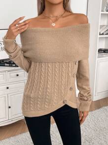 Chiquease Women's Oversized Collar Off Shoulder Button-Up Split Knit Sweater