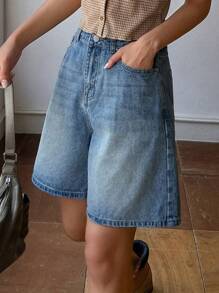 DAZY Women's High Waisted Wide Leg Bermuda Denim Shorts With Pockets - Light Wash - View 5