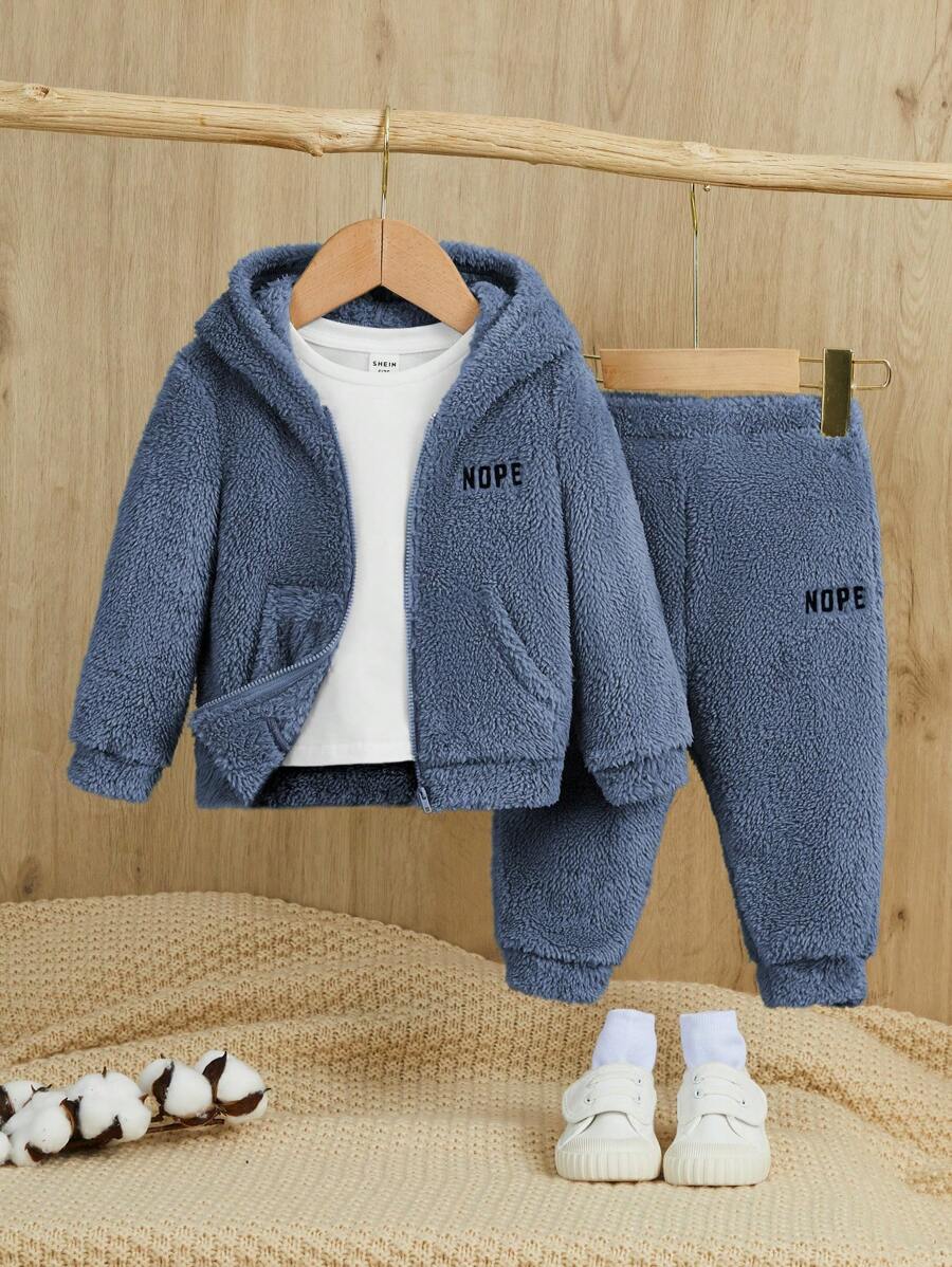 SHEIN Baby Jungen Lässiges Set aus Plüsch Kapuzenjacke und dicken Hosen