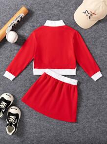 2 bucăți pentru fetiță, cu imprimeu cu litere, în contrast, cu fermoar, cu glugă și set de mini fuste sportive - roșu - Vizualizare 2