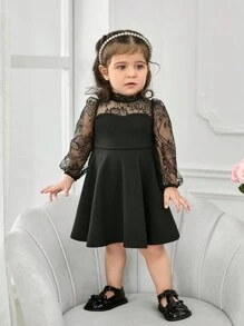 Baby Girl Mommy And Me Matching Outfits, Cute & Elegant Knit Contrast Lace Mesh Long Sleeve Black Dress, Separate (2pcs)