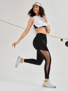 Easithlete Quần legging ngoài trời tối giản có lưới nối dành cho nữ - màu đen - Xem 10
