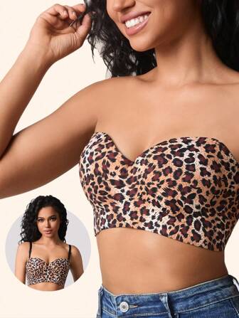 Women Leopard Print Strapless Underwire Push Up Bra - Lift, Enhance, And Support Bust For Bridal Gown, Lingerie