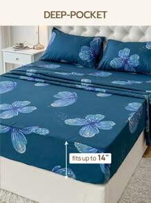 4件套100%涤纶蝴蝶印花床上用品套装（2个枕套+1个床单+1个床笠），现代涤纶床上用品套装，四季皆宜