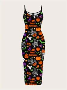 Slaydiva 休闲简约万圣节南瓜蝙蝠印花紧身吊带连衣裙，夏季 - 白色 - 查看 3