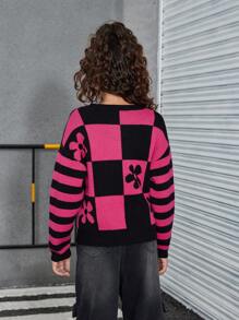 SHEIN Explorewe 女童拼色圆领休闲针织毛衣 - 黑色 - 查看 2