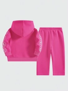 SHEIN Bộ 2 chiếc áo nỉ dày có mũ và quần thẳng đơn giản cho bé gái, thu đông - Màu Hồng Tươi - Xem 2