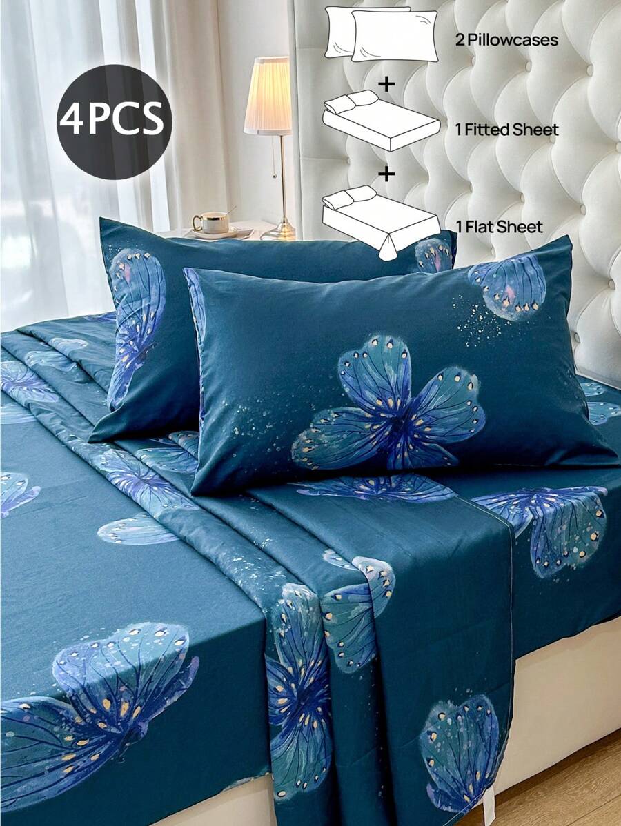 4件套100%涤纶蝴蝶印花床上用品套装（2个枕套+1个床单+1个床笠），现代涤纶床上用品套装，四季皆宜