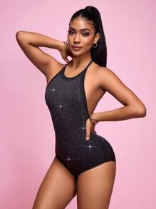 Easithlete Backless Rhinestone Embellished Halterneck Sports Bodysuit