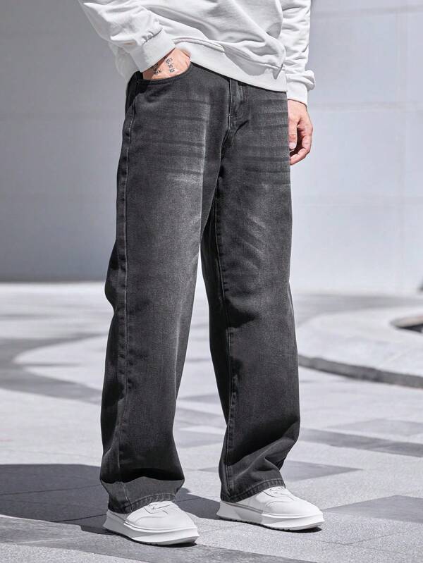 Manfinity Hypemode Plus Size Men's Casual Straight Leg Pockets Jeans, Comfortable And Streetwear, Plain Long Dark Grey Washed Cargo Jeans, For Husband, Boyfriend Gifts