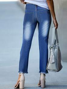 Women's Stretchy Faded Distressed Denim Jeans - Medium Wash - View 2