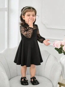 Baby Girl Mommy And Me Matching Outfits, Cute & Elegant Knit Contrast Lace Mesh Long Sleeve Black Dress, Separate (2pcs)