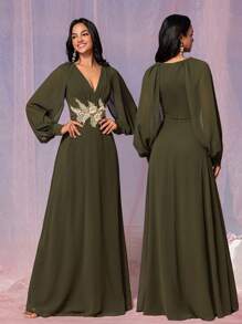 SHEIN Belle Women's Elegant And Dignified Green Chiffon Fabric, Deep V Neck, Gathered Chest, Slit Long Sleeves, Gold Applique Decoration, A-Line Hem Suitable For Wedding Events Formal Bridesmaid Dresses - Army Green - View 1