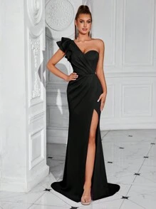 ADYCE 荷叶边前开衩设计无袖派对礼服，黑色优雅正式晚礼服，适合婚礼嘉宾、毕业典礼、晚宴 - 黑色 - 查看 8