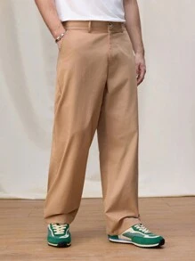 Manfinity Roghcode Pantalones rectos informales de unicolor con bolsillos para hombres - Caqui - Ver 5