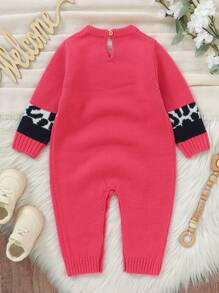 1pc Fashion Fuchsia Baby Girl Leopard Intarsia Knitted Romper, Long Sleeve Crew Neck All-In-One Outfit With Drop Seat For Easy Dressing - Hot Pink - View 2