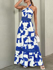 SHEIN Clasi 全印花蕾絲接縫露背口袋不對稱,a-line裙 - 彩色 - 查看 5